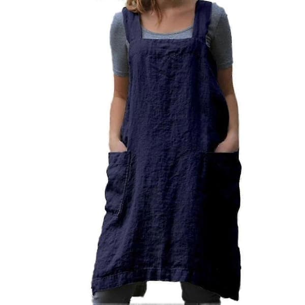 Bomulls- og linskjørtforkle for kvinner med lommer, forklekjole for baking og matlaging, blå Blue L