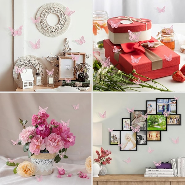 72 kpl perhoskoristeita, 3 kokoa 3 tyyliä, 3D perhosseinäkoriste, perhosjuhlakoristeet, syntymäpäiväkoristeet, perhoset askarteluun 72 Pcs, Pink