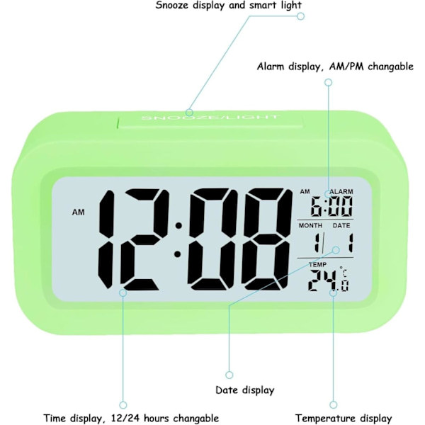 Uppgraderad Digital Väckarklocka, 4,3\" LED-Display med Temperatur Större Ljudstyrka Ljuskontroll Bärbar Snooze Kalender Ljusstyrka med Batteridrift Green