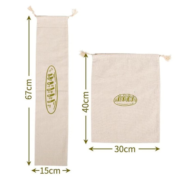 2 stk Genanvendelig linnedbrødpose, fransk baguettesnørepose, bomuldsbrødpose, linnedpose til madopbevaring