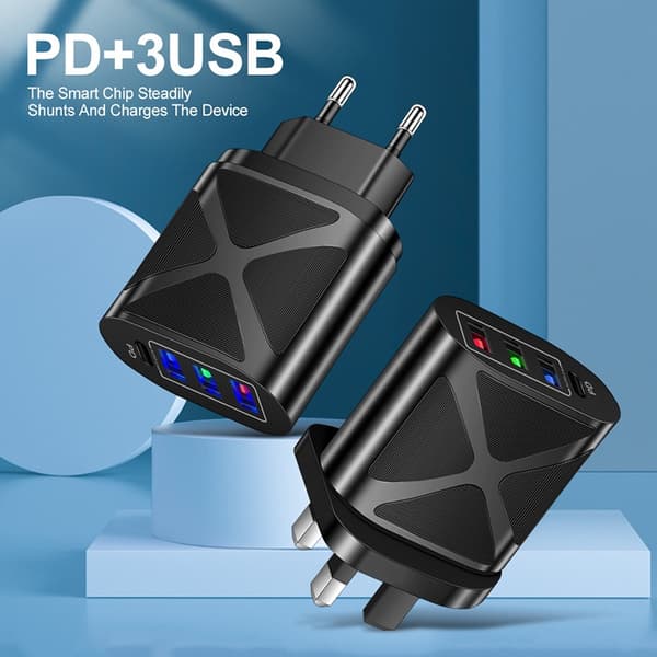 4-Port Enhetslader, Reiselader, 2.4A, Hurtiglading, EU, US, 48W, 3 USB + PD