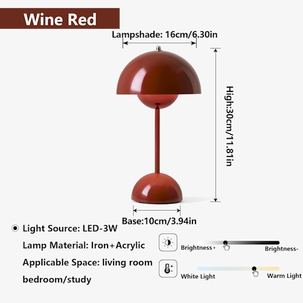 Modern blomkruka sladdlös bordslampa, sladdlös mitten av århundradet lampa, söt batteri svamp bordslampa, liten lampa för nattduksbord, dimbar touch sovrum La Red