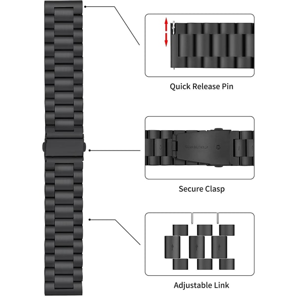 Metallrem 20mm - Svart hurtigutløser-reim for menn og kvinner - Smartwatch rustfritt stålrem