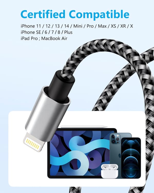 iPhone-latauskaapeli 5 sarjaa (2m, 2m, 3m, 1m, 1m), Applen USB-Lightning-kaapeli, (musta ja harmaa)