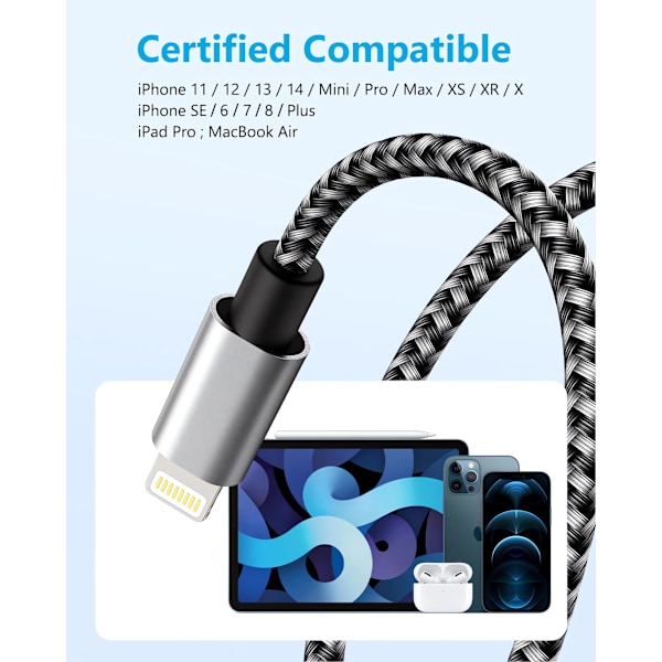 iPhone-opladerkabel 5 sæt (2m, 2m, 3m, 1m, 1m), Apple USB-Lightning-kabel, (sort og grå)
