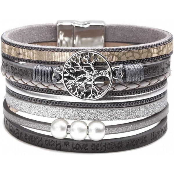 Leopard armbånd til kvinder, Boho læder wrap flerlags perle krystal armbånd armbånd smykker A8Tree of Life(Grey) A7Feather
