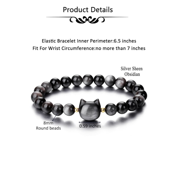 Krystall Kattearmbånd for Kvinner 8mm Krystallstein Perlearmbånd Beskyttelse Healing Krystaller Edelstener Stretch Armbånd Lykkearmbånd Smykker Katte silver