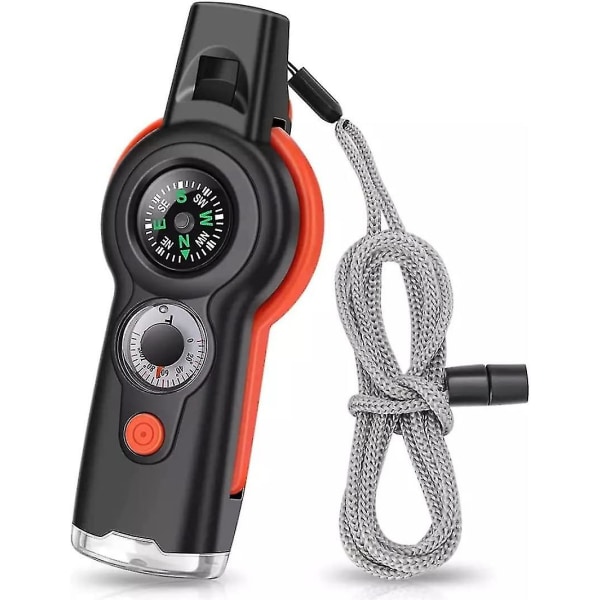 Emergency Survival Whistle med snöre, 7 i 1 överlevnads-multiverktyg Hög säkerhetsvisselpipa med led-ljus