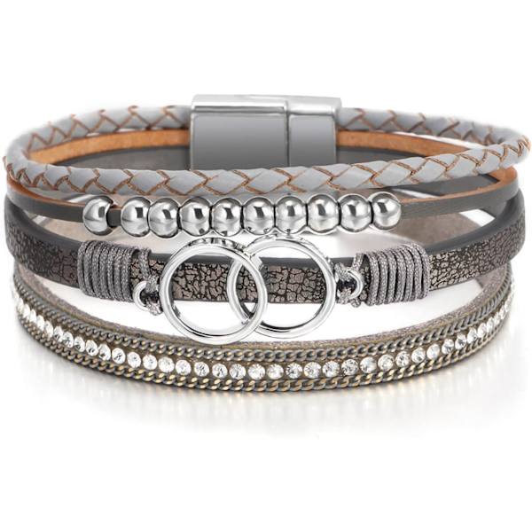Leopardarmbånd for kvinner, Boho lær innpakning flerlags perle krystall armbånd bangle smykker B37:Double Circle(Gray) A7Feather