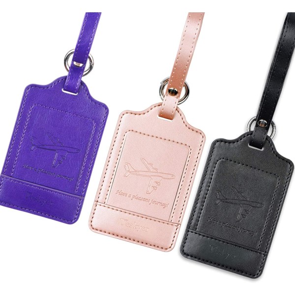 Pakke med 3 bagasjelapper, PU-lær bagasjelapper for kofferter, bagasjelapper med navne-ID-kort, merkbar, holdbar, reisetilbehør, rose Rose Gold+Purple+Black 2.7 x 4.2 inch/6.8 x 10.7 cm