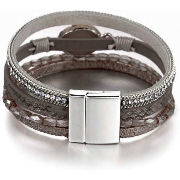 Leopard Armbånd for Kvinner, Boho Lær Wrap Multi-Layer Perle Krystall Armbånd Smykker B20Grey Stone(Short) A7Feather