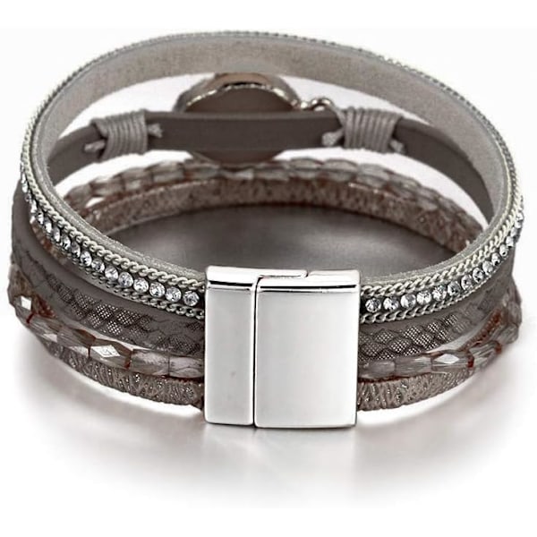 Leopard Armband för Kvinnor, Boho Läder Wrap Multi-Layer Pärla Kristall Armband Smycken B20Grey Stone(Short) A7Feather