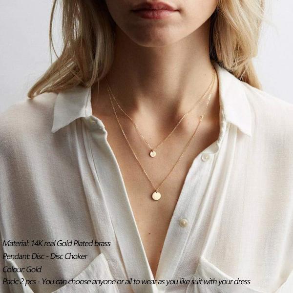 Hieno kerrostettu choker-kaulakoru, käsintehty 14K kullattu Y-riipuskaulakoru monikerroksinen tankokiekko kaulakoru säädettävä kerrostus choker-kaulakorut naisille 2PCS  Small Disc&Disc 3PCS  Chain&Bar&Hammered Disc