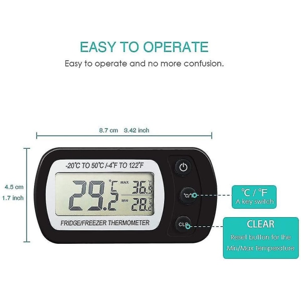 Digitalt kjøleskapstermometer, vanntett frysetermometer med krok, lettlest LCD-skjerm, maks/min opptaksfunksjon, flott for hjemmet, restauranter A