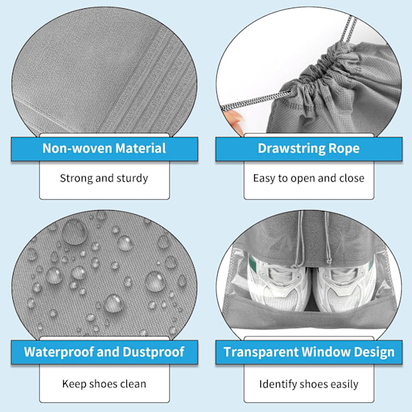 Kengän säilytyspussit matkustamiseen, 5 kpl suuret harmaat matkakengän säilytyspussit pakkaamiseen, kuitumattokankaasta valmistetut kengän säilytyspussit kiristysnyörillä ja läpinäkyvällä ikkunalla miehille ja naisille Gray 5 Pack