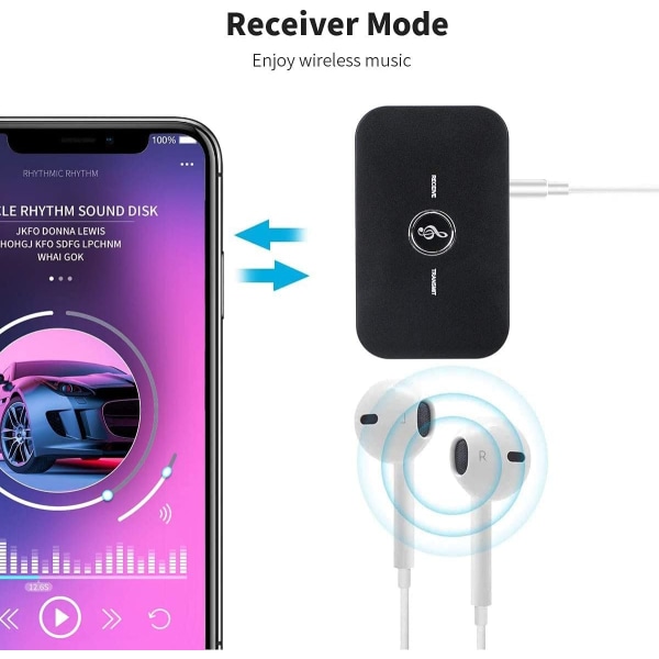 Bluetooth 5.0 Sender- og mottaker, 2-i-1 trådløs bærbar stereo lydadapter, 3,5 mm AUX RCA-adapter for TV PC-hodetelefoner Bilstereoanlegg Black