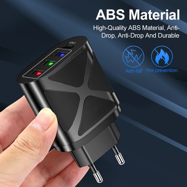 4-Port Enhetslader, Reiselader, 2.4A, Hurtiglading, EU, US, 48W, 3 USB + PD