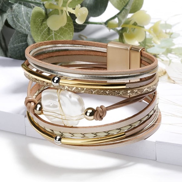 Leopard Armbånd til Kvinder, Boho Læder Wrap Multi-Layer Perle Krystal Armbånd Smykker A4Gold Leather(Pearl) A7Feather