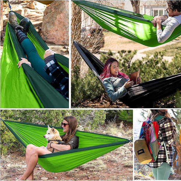 Campinghängmatta, superlätt och bärbar resehängmatta i nylon med två trädremmar, för camping, vandring och ryggsäcksfärd