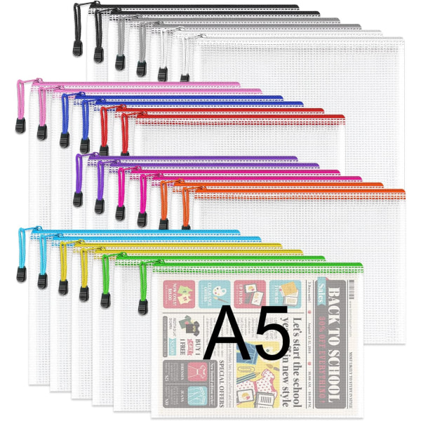 A5 Plast Zip-mapper - 24 stk. A5 Mesh Lynlåspose Plast Zip Lock-poser Dokumentmapper Fil Lynlåsposer Rejseopbevaringspose til Kontorartikler 12 Colours  24 PCS A5