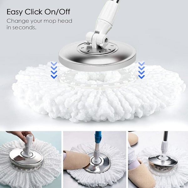 Mop-pää 360° pyörivään pyöreään taikamoppaan, 4 pakkausta universaalia pyörivän mopin vaihtopään täyttöä, mikrokuitua, valkoinen White Universal 6.1''6.3''
