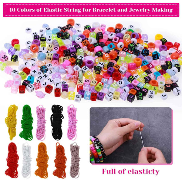 Pony Beads för smyckestillverkning, Shynek Craft armbandspärlor gör-det-själv-kit med ponnyakryl pärlor bokstavspärlor och 10 rullar färgglada elastiska armband Rainbow S
