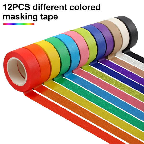 12 väriä teippiä, lasten taidetarvikkeet värillinen teippi, DIY-askarteluteippi, värilliset teipirullat, värilliset maalarinteipit 2,5 cm x 12 m (1 tuuma x 13 jaardia) 2.5cm x 12m (1In x 13Yards)