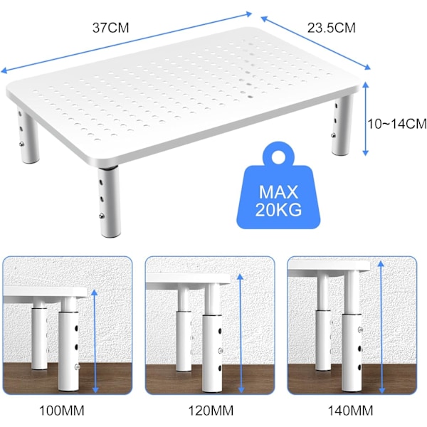 Datamaskinmonitor Stativ Høydejusterbar Hvit, Metall for Laptop, Skriver, Bærbar PC og Alle Flatskjerm-TV-skjermer med Ventilert Plattform, 3 Høydejusterbare White