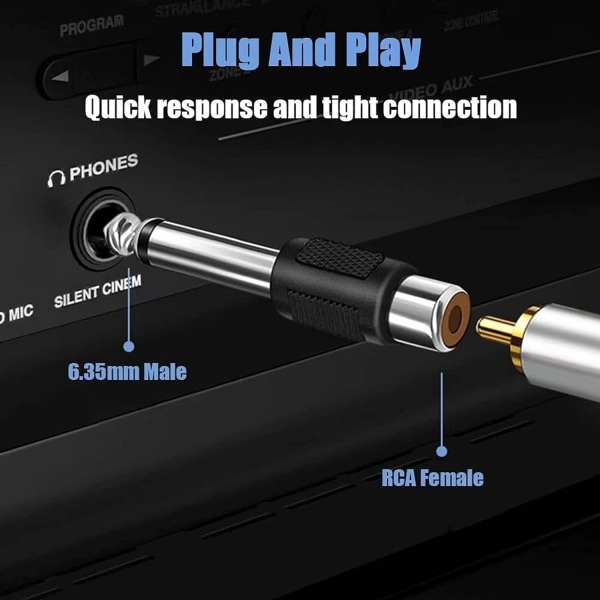 5-pakning 6,35 mm hann mono jack-plugg til RCA hun phono-kontakt gullbelagt lydadapter