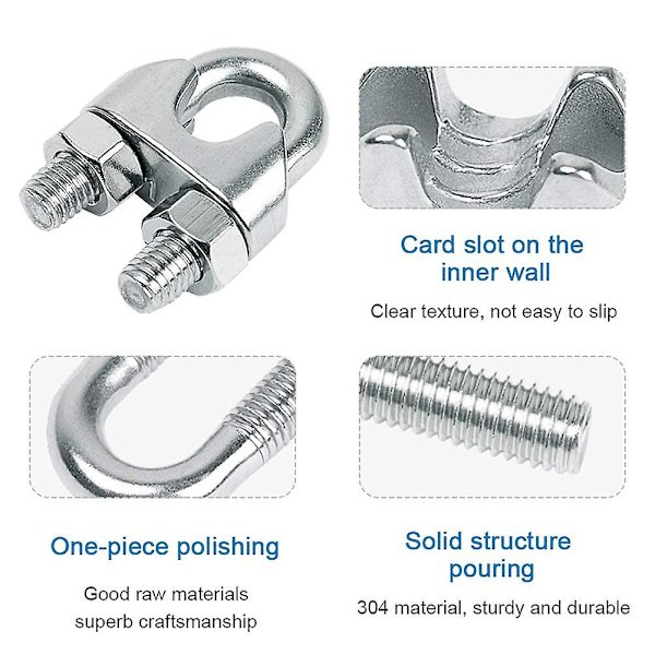 Wire Rope Clamps Kabel Wire Rope Clips Wire Rope Loops 304 Rostfritt Stål U-bultar Sadel Fästelement För Spänning Stål Wire Ropes Kabel Trädgård Stängsel(
