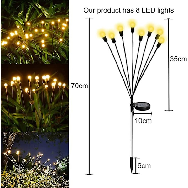 4 stk dekorative solcelledrevne hagelys, 8 LED utendørs solcellelamper ildfluer, sollading, hagedekorasjoner, vanntett uteplass, plen og hagelys