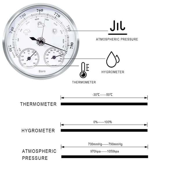 Analog vejrstation, barometer, termometer, hygrometer (Sølv, 128 mm) silver