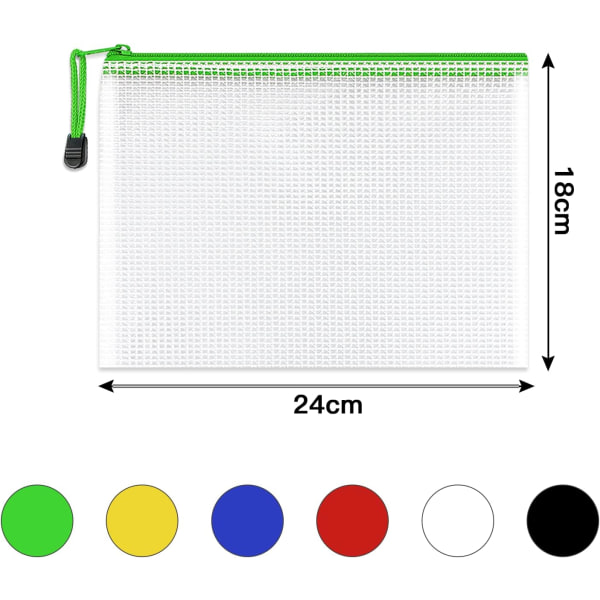 A5 Plast Zip-mapper - 24 stk. A5 Mesh Lynlåspose Plast Zip Lock-poser Dokumentmapper Fil Lynlåsposer Rejseopbevaringspose til Kontorartikler 12 Colours  24 PCS A5