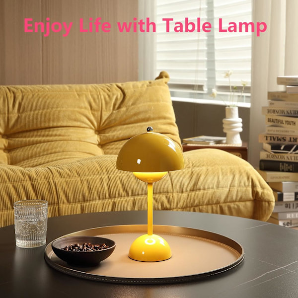 Moderne blomsterpot trådløs bordlampe, trådløs Mid Century lampe, sød batteri svampe bordlampe, lille lampe til natbord, dæmpbar touch soveværelse La Yellow