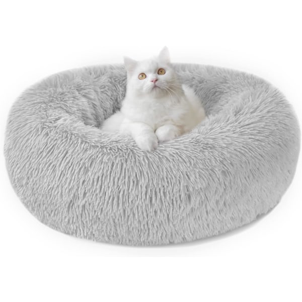 Rolig Hundeseng Donut - 19,7 tommer Fluffy Plys Puppy Kitten Cuddler Rund Seng, Varm og Blød Kæledyr Hyggelig Anti Angst Senge med Skridsikker Bund og Light Grey 50 x 50 x 20 cm (L x W x H)