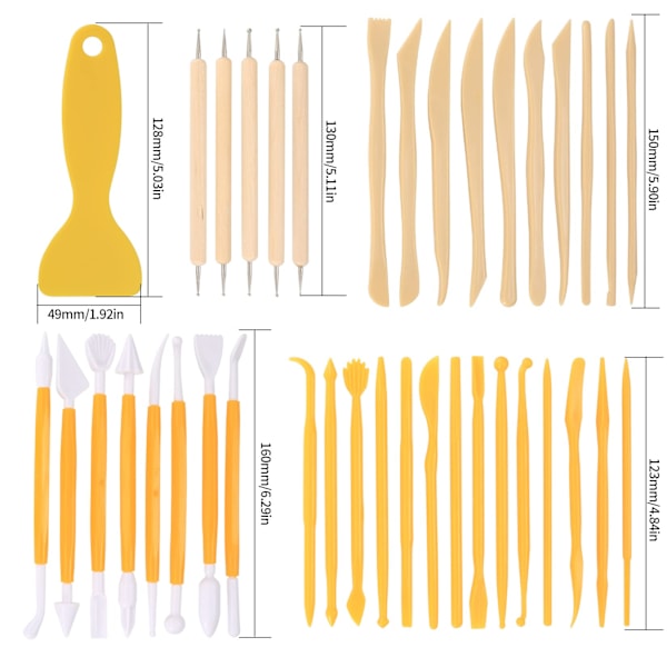 Keramiikan savenveistotyökalut, polymeeri, puunveisto, keramiikan saven mallinnustyökalut, kaksipuoliset veistokseen, mallinnukseen, keramiikkaan, kohokuviointiin (39 kpl)