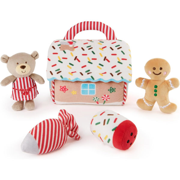 Baby Play Soft Collection, Minun Ensimmäinen Piparkakkutalo 5-osainen Leikkiseti Ratinan, Piipon ja Rypistyspehmolelujen kanssa, Aistipeli Vauvoille, 7.5u2 Gingerbread House