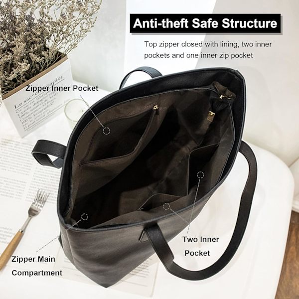 Cordfløyel Tote Bag, Skulderhåndvesker Stor Kapasitet Handlepose med Innerlomme for Kvinner Jenter Black