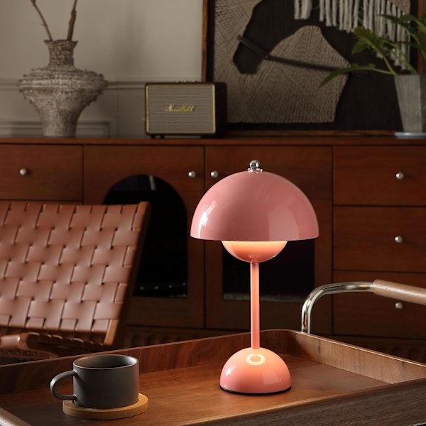 Moderne blomsterpot trådløs bordlampe, trådløs mid century lampe, søt batteri sopp bordlampe, liten lampe for nattbord, dimbar touch soverom la Pink