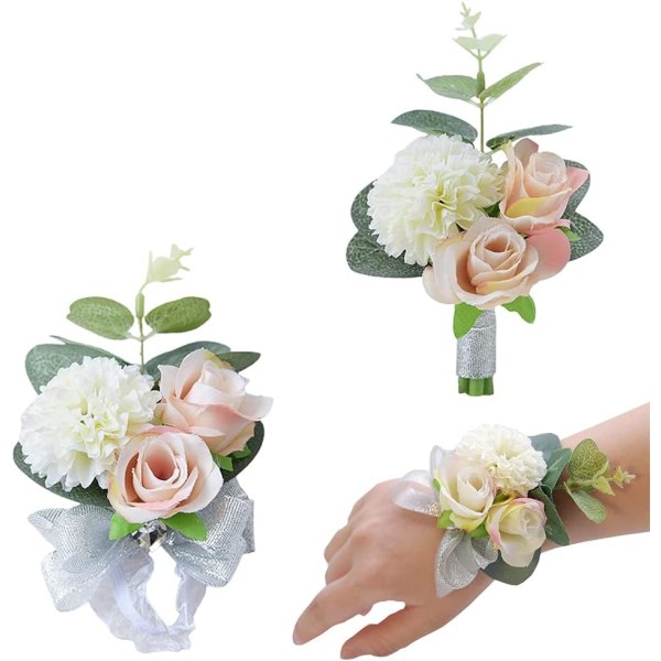 2 stk. brude håndledsbuket, håndledsbuket blomstersæt, bryllupsbuket håndledsblomst dekoration, håndlavet brudgom boutonniere, armbånd og corsage Weiß