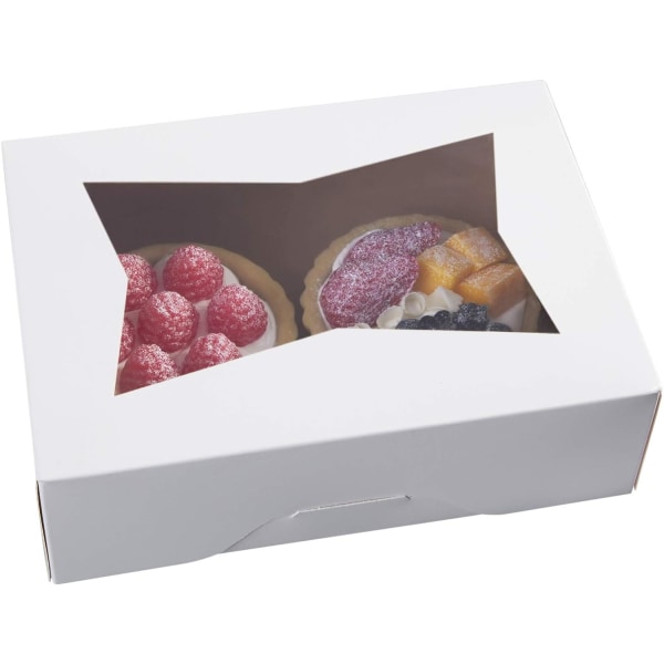 8 tommers hvite kakebokser med vindu, automatisk popup rektangulær bakeriboks for muffins og bakverk, sjokoladedekket jordbær kartong klart lokk Trea White