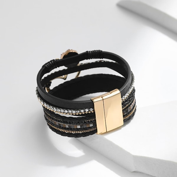 Leopardarmbånd for kvinner, Boho skinninnpakning flerlags perle krystallarmbånd bangle smykker B29:Heart Leather(Black) A7Feather
