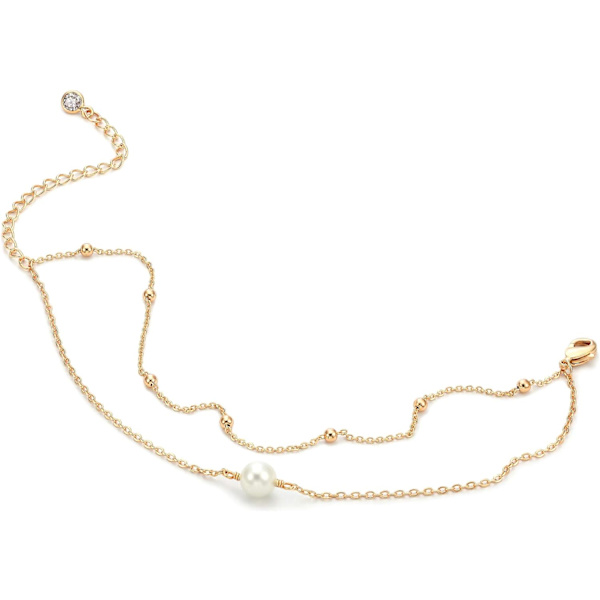 Armbånd for kvinner 14K gullbelagt kjede enkelt smykke søtt for jenter 2 Layer  1 Pearl + Bead Chain 2 Layer Satellite Chain