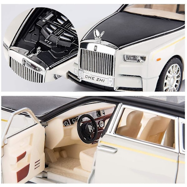 1/24 Rolls-Royce Phantom modellbil, sinklegering tilbaketrekk lekebil med lyd og lys for barn gutt jente gave (hvit)