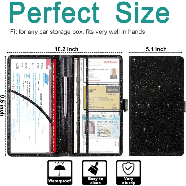 Bilregistrerings- og forsikringsholder, bilhandskerumsarrangør seje biltilbehør, bildokumentholder til kort, kørekort og Essentia AAA Glitter Black