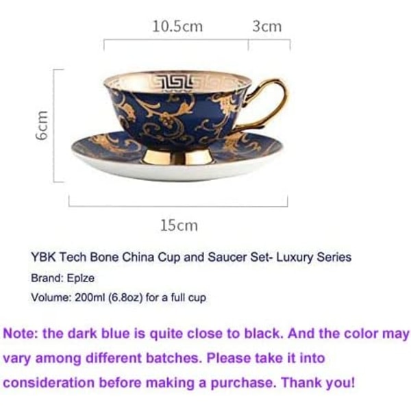 ® YBK Tech Euro Style Bone China Kop & Underkop Sæt, Keramisk Te- og Kaffe Kop til Hjemmet, Køkkenet, Bryllup (Retro Blomstermønster - Mørkeblå) Retro Flower Pattern Dark Blue