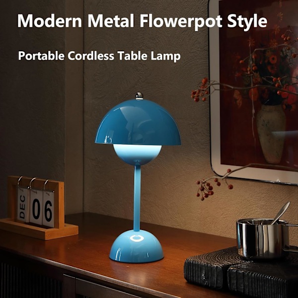 Moderne Blomsterpot Trådløs Bordlampe, Trådløs Mid Century Lampe, Sød Batteri Svampe Bordlampe, Lille Lampe til Natbord, Dæmpbar Touch Soveværelse La Blue