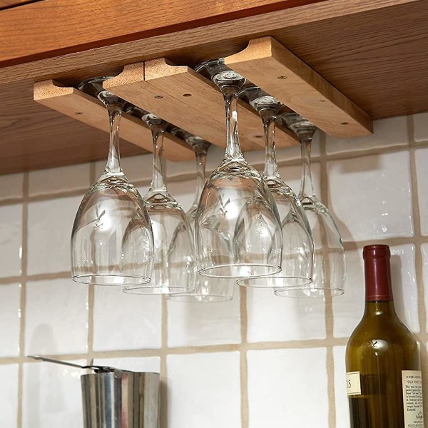 1pc Wooden Wine Glass Holder Rack 11 Inch Wooden Hanging Wine Glass Holder Mounted Under-cabinet Stemware Storage Rack With 8 Mounting Screws No Drill