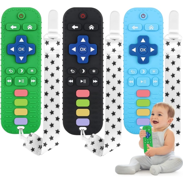 3-paknings silikon-biteleker for småbarn, fjernkontroll-formbiter for babyer Tyggeleker, avlastning beroliger babyens tannkjøttsett, BPA-fri/fryst Black+Green+Blue