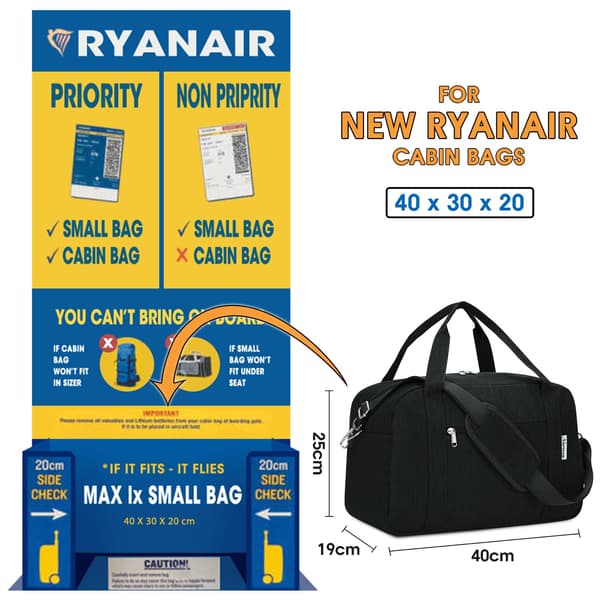 Rejsetaske 40x20x25cm Håndbagage til Fly, Sammenfoldelig, 20L Bagagepose (Sort)
